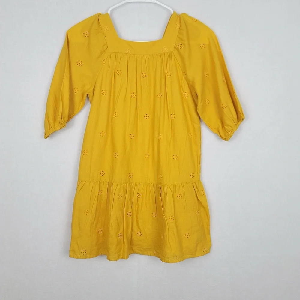 Cat & Jack 7/8 Mustard Yellow Eyelet Ling Sleeve Dress 100% Cotton